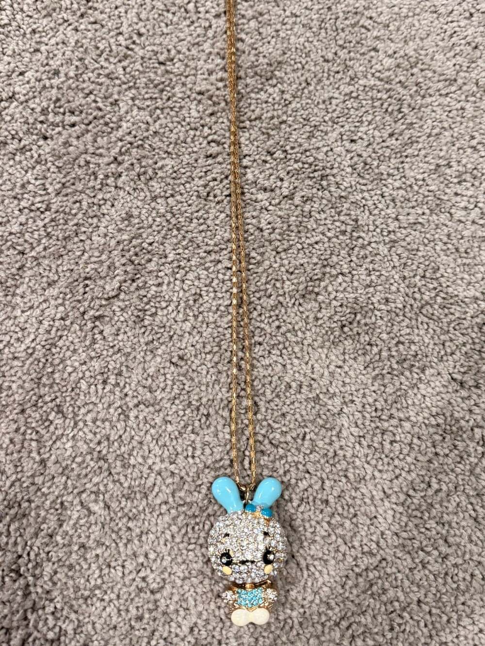 Betsey Johnson Blue Bunny Crystal Pendant Necklace Gold Tone